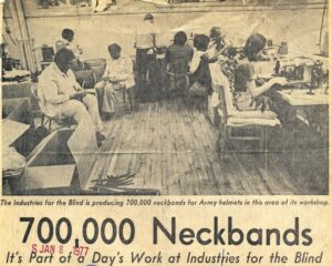 A 1970s news clipping of IFB employees making neckbands for Army helments.