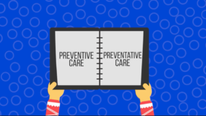 Graphic of hands holding paper that reads preventive care.