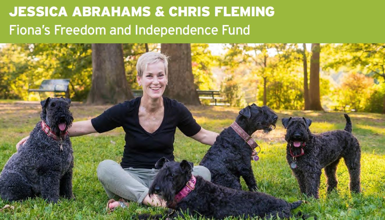 Jessica Abrahams and Chris Fleming, Fiona's Freedom and Independence Fund, Image of Jessica with her 4 dogs sitting in a park