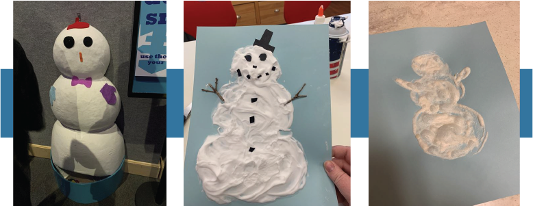 Collage of photos: decorating felt snowman at Kaleideum, soft 3D snowman of shaving cream with glue from the book Sneezy the Snowman