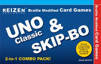 Two games in one! This limited edition combo pack includes both Uno and Skip Bo. Both games have been modified by MaxiAids to include tactile braille markings on each card, providing greater accessibility for all players!
