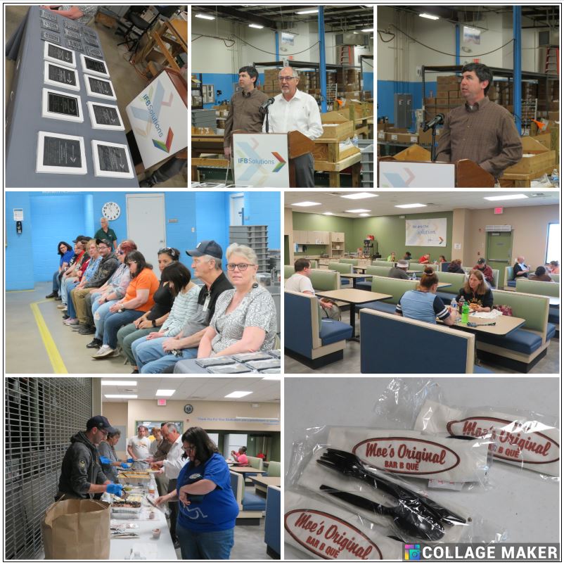 Collage of Asheville Facility awards, Randy Buckner and Dan Kelly speaking, employees enjoying Moes BBQ.