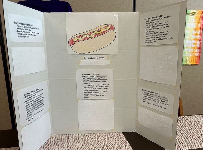 trifold display of a raised line drawing of a hot dog colored with crayons in the top center of the board and toppings or styles in large print and Braille from 5 regions of the USA: top left Northwest, bottom left Southwest, bottom middle Midwest, top right Northeast, bottom right Southeast