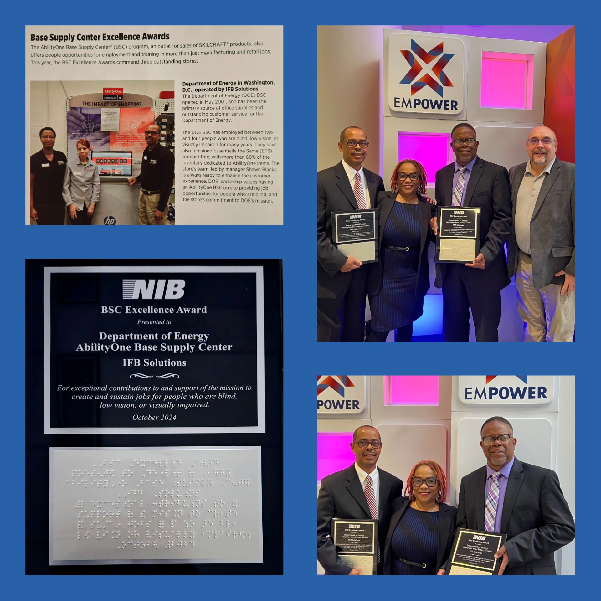 Pictured in upper left photo: DOE BSC Employees Debbie Adjei (cashier), Yvette Lyles (cashier) and Shawn Blanks (BSC Manager). Pictured in upper right photo: Shawn Blanks (BSC Manager), Lisa Peteet (DOE Contracting Supervisor), James Logan (Federal BSC District Manager) and David Newsome (Director of Base Supply Centers)