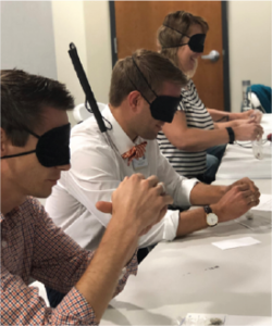 Sensitivity to Blindness Training at IFB - participants wear blindfolds and hold their canes ready to practice. 